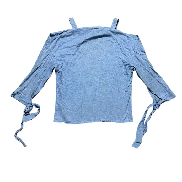 TIBI COLD SHOULDER TIE SLEEVE SQUARE NECK LS BLUE COTTON Denim BLOUSE Sz XS - Picture 3 of 8